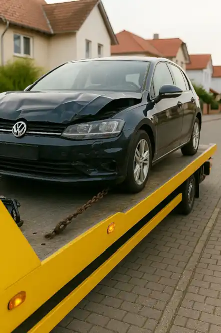 Ein defektes Fahrzeug wird von einem Abschleppwagen abgeholt, um den Autoankauf-Prozess in Barsinghausen zu starten.